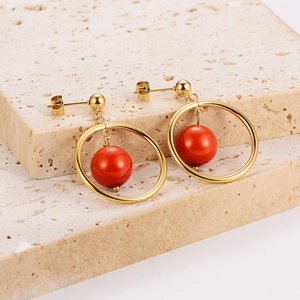 Vintage Palace Style 18K Gold Plated 304 Stainless Steel Round Hoop Earrings With Red Bead Dangle For Women Elegant Jewelry