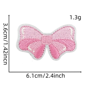 Pink bow embroidery patch detail showing 6.1cm dimensions and 1.3g lightweight fabric