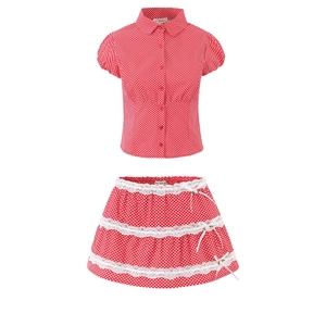 Women's red polka dot two-piece set featuring short sleeve shirt and lace-trimmed skirt