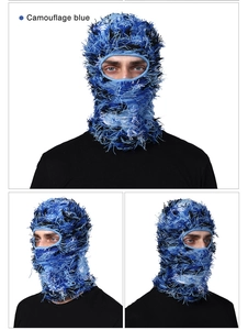 Three-way view of camouflage blue knitted balaclava with unique shredded wool texture