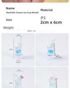 Vue macro détaillée du porte-clés mini glace avec dimensions et détails du matériau en PS