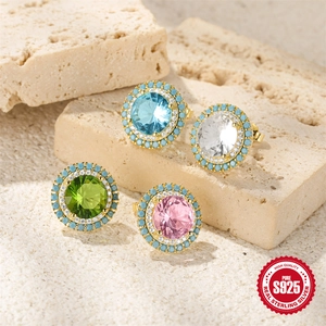 Luxurious S925 sterling silver round turquoise stud earrings with sparkling diamonds