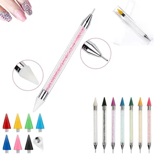 Dual-tip acrylic nail art dotting tool with colorful rhinestones and silicone tip