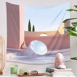 Bohemian surrealist tapestry with 3D architecture, sun, and cypress for wall decor