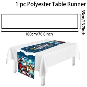 Detailed view of Santa Claus polyester table runner showing 180x35cm dimensions for decor