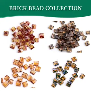 Tila Glass Beads Two Hole Square Flat Brick Shape For Jewelry Making DIY Bracelet Necklace Artistic Painted Pattern Spacer Beads