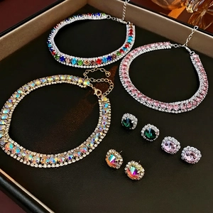 Luxury colorful square rhinestone necklace and earring set with gold base and lobster clasp