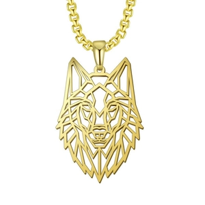Men's gold stainless steel hollow wolf head pendant necklace with classic box chain
