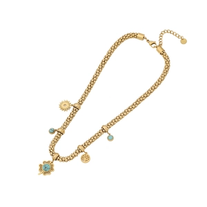 Golden woven necklace with turquoise clover, sun and tree of life pendants
