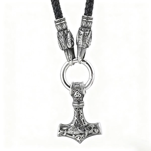 Vintage Viking Thor's Hammer Mjölnir necklace with wolf heads and black leather cord