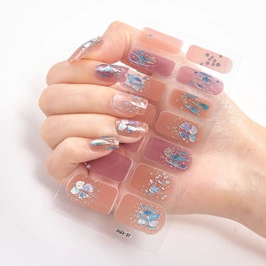 Nude pink 3D laser gel nail stickers with blue silver glitter and DQ3-37 model design