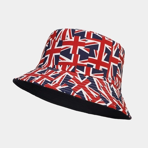 Detail of reversible bucket hat with Union Jack print and solid black inner lining