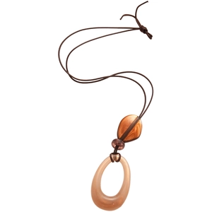 Vintage resin oval pendant necklace with amber marble beads and brown woven cord
