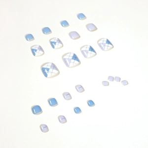Morandi blue and white press-on toenails with diamond pattern and silver glitter details