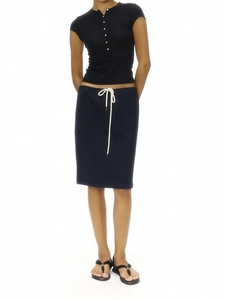 Slim fit black henley t-shirt with shell buttons and navy drawstring skirt set