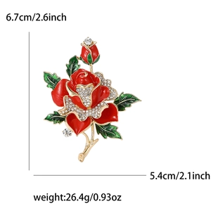 Elegant red enamel rose brooch with green leaves and rhinestones on gold metal base