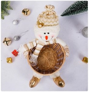 Detail of festive snowman candy storage basket with knitted texture and bamboo basketry