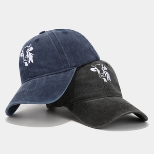 Vintage washed cotton baseball caps with cow embroidery in navy blue and black colors