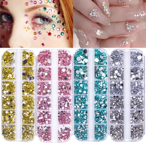 Colorful mixed resin flatback rhinestones in a 12-grid box for nail art and DIY decor