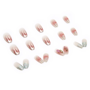 Short ballet press-on nails with lemon art, champagne flames, and glitter finish