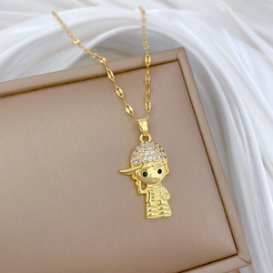 Titanium steel necklace with a gold boy pendant encrusted with cubic zirconia crystals