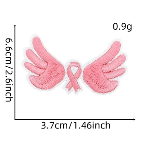 Detail of pink breast cancer ribbon wing patch with 6.6cm height measurement and embroidery