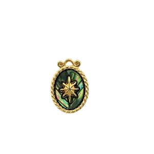 Vintage 18K gold-plated oval pendant with green shell inlay and golden star starburst