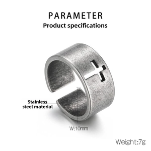 Detail of vintage stainless steel hollow cross ring showing 10mm width and 7g weight