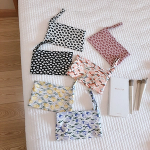 Floral Cotton Canvas Wristlet Clutch Mini Makeup Pouch Zipper Phone Bag Small Portable Storage Handbag For Women