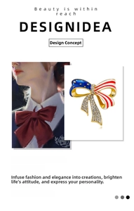 Detail of USA flag bow brooch with sparkling rhinestones and colorful enamel finish