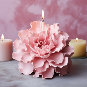 Macro detail of a lit pink lotus flower candle with layered petals and soft lighting