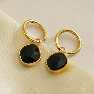 18K gold plated stainless steel hoop earrings with faceted square black zircon drop