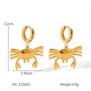 Detail view of 18K gold plated crab earrings with dimensions 3.2cm height and 2.45cm width