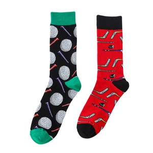 Detail of asymmetric socks featuring golf and ice hockey patterns on red and black