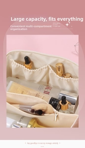 Detail view of large capacity makeup bag with multi-compartment internal storage and pockets