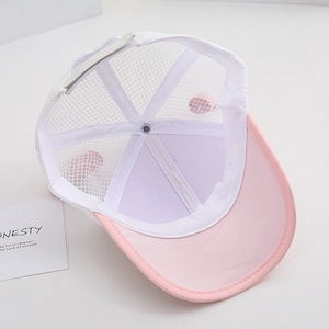 Breathable white mesh kids baseball cap with soft pink brim and cute rabbit design