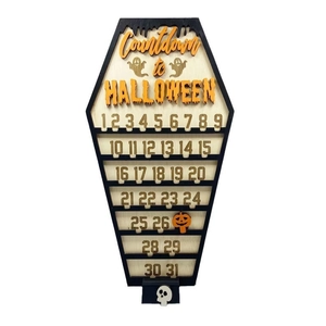 Coffin-shaped wooden Halloween countdown calendar with moving pumpkin marker and skull base