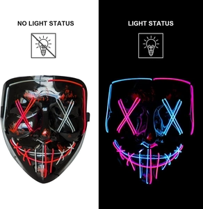Dual view of LED Halloween mask showing unlit state and glowing pink and blue EL wire