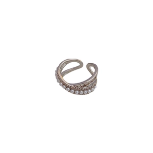Silver multi-layer hollow open ring featuring white pearls and micro-inlaid cubic zirconia