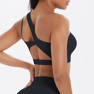 Detail of black sports bra featuring asymmetric single shoulder and back cutout design