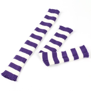 Detailed knit texture of purple and white striped leg warmers in a vintage JK style