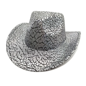 Close-up of the silver laser sequins and geometric cracked glass pattern on the cowboy hat