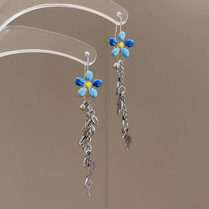 Vintage floral drop earrings with blue enamel flowers and silver leaf tassels
