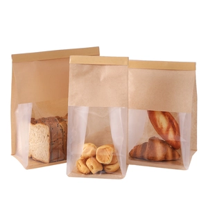 Three sizes of kraft paper bread bags with transparent windows for bakery packaging