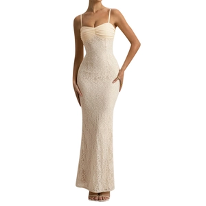 Elegant cream lace camisole maxi dress with a slim fit and V-neck pleated design