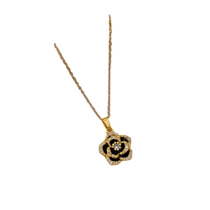 Elegant gold titanium steel necklace with black camellia pendant and micro-set diamonds