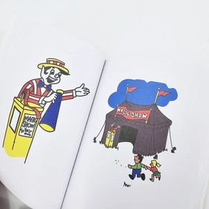 Detail of magic trick animation book featuring cartoon magician and circus illustrations