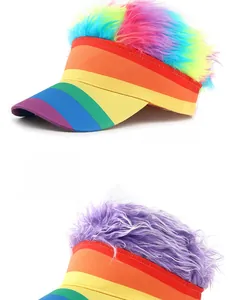 Detail of rainbow striped sun visor hat with funny colorful synthetic wig hair top