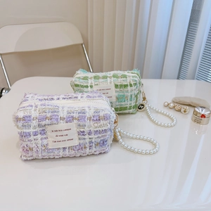 Elegant Tweed Makeup Bag With Artificial Pearl Handle Gold Thread Bow Pendant Simple Stylish Small Square Handbag