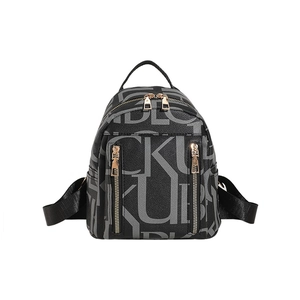 Fashionable black faux leather backpack with grey letter patterns and gold zipper accents